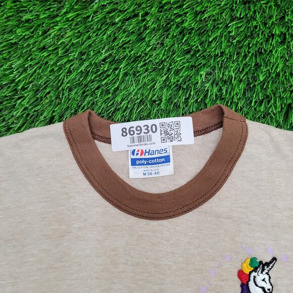 Vintage 90s Unicorn Ringer Shirt Womens Medium 18x24 Brown - Picture 7 of 13